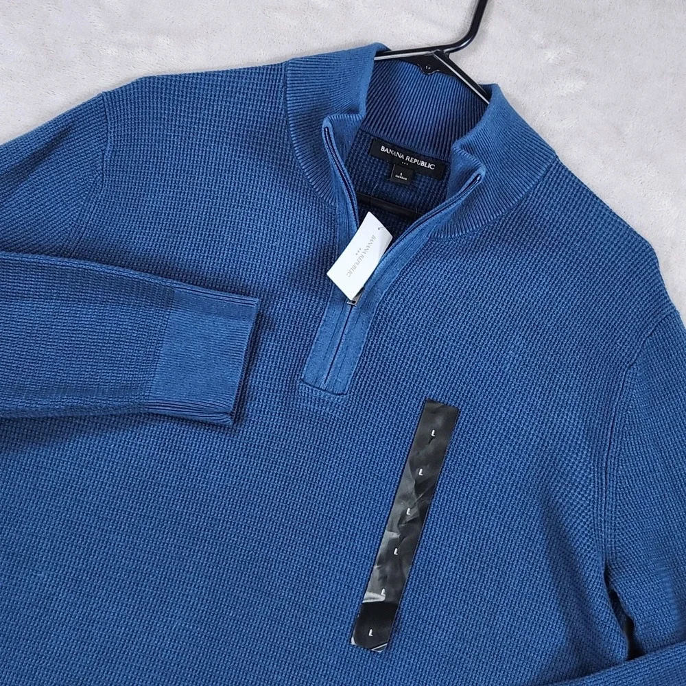 Banana Republic Sweater Mens Large Blue 1/4 Zip Mock Neck Cotton Knit Pullover
